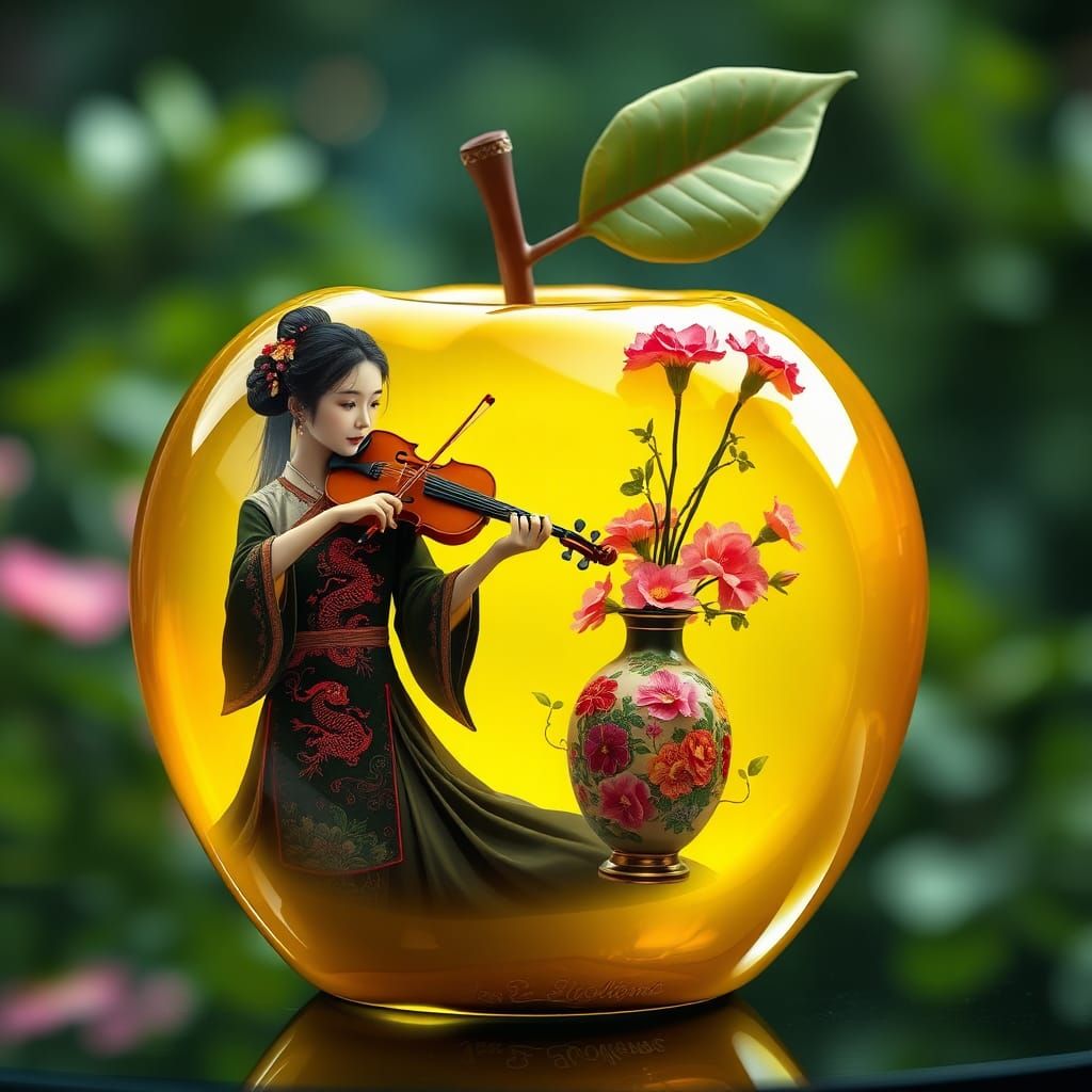Glass Apple Macro with Girl Playing Violin