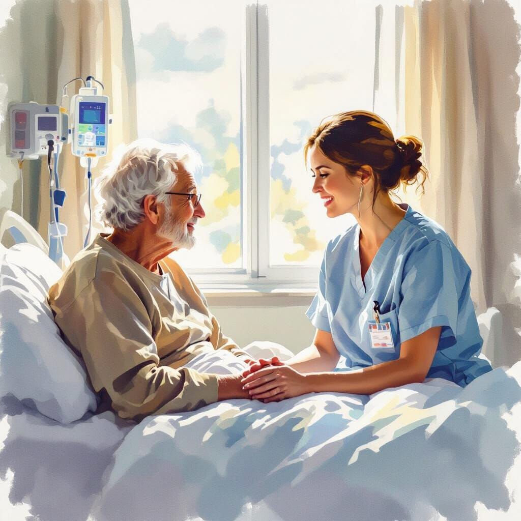 Nurse and Patient in Modern Hospital Room, Watercolor Style