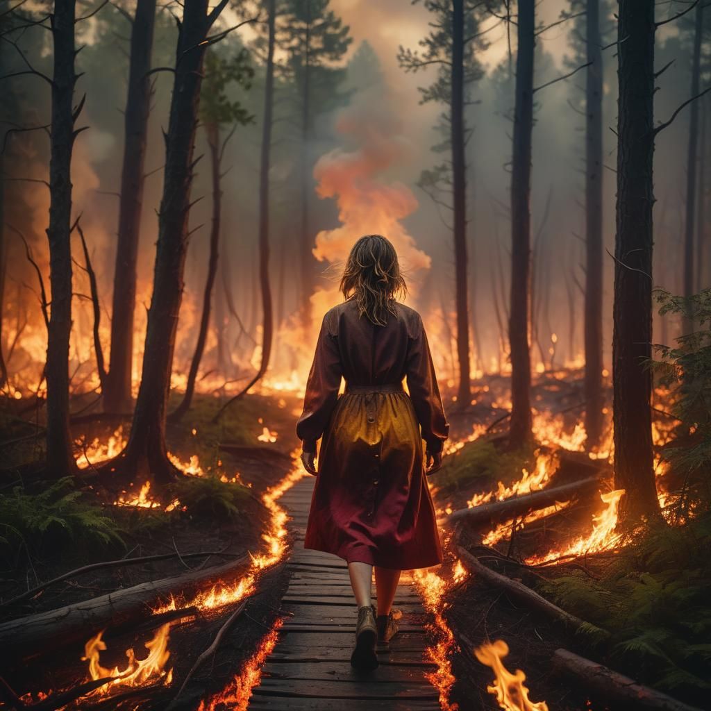 Woman Walks Flaming Path in Cinematic Forest Scene