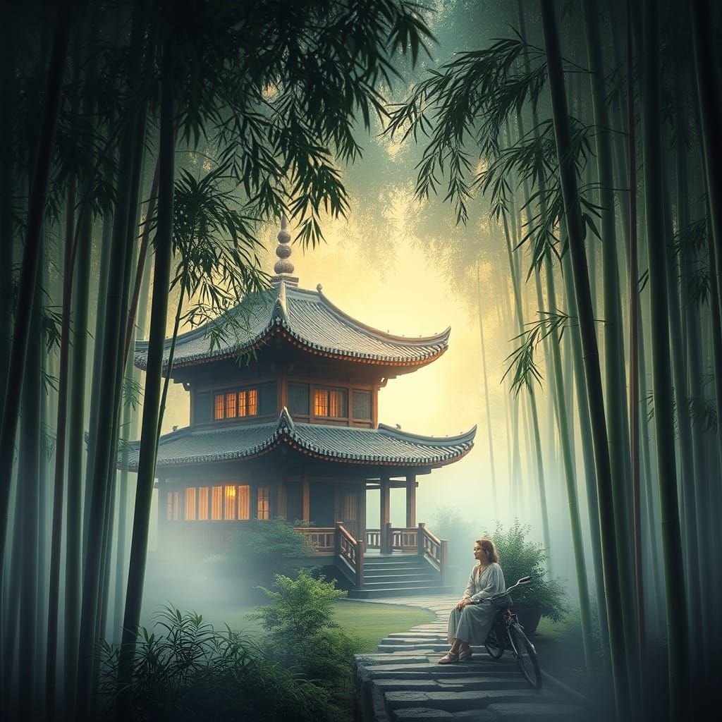 Serene Asian Temple in Misty Bamboo Forest