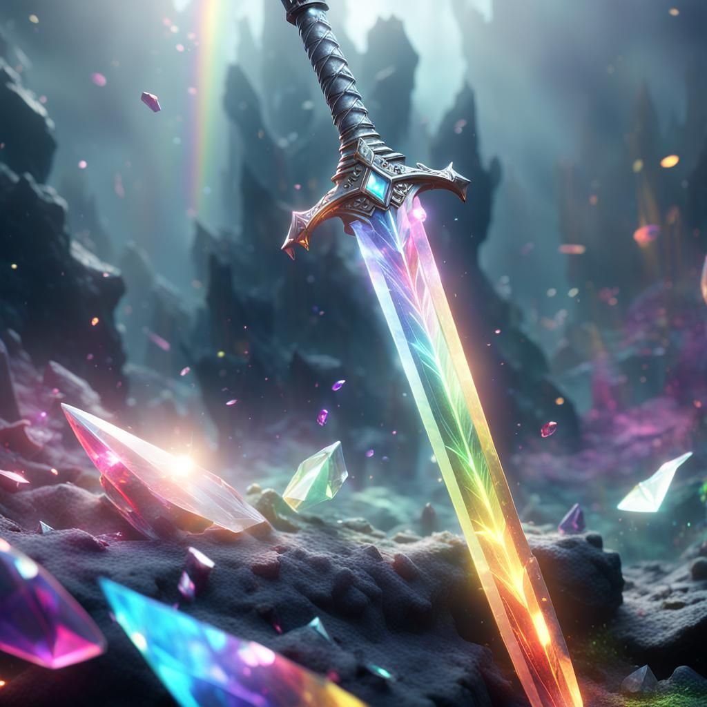 Rainbow Crystal Sword Shatters Through Mist: 3D Digital Art