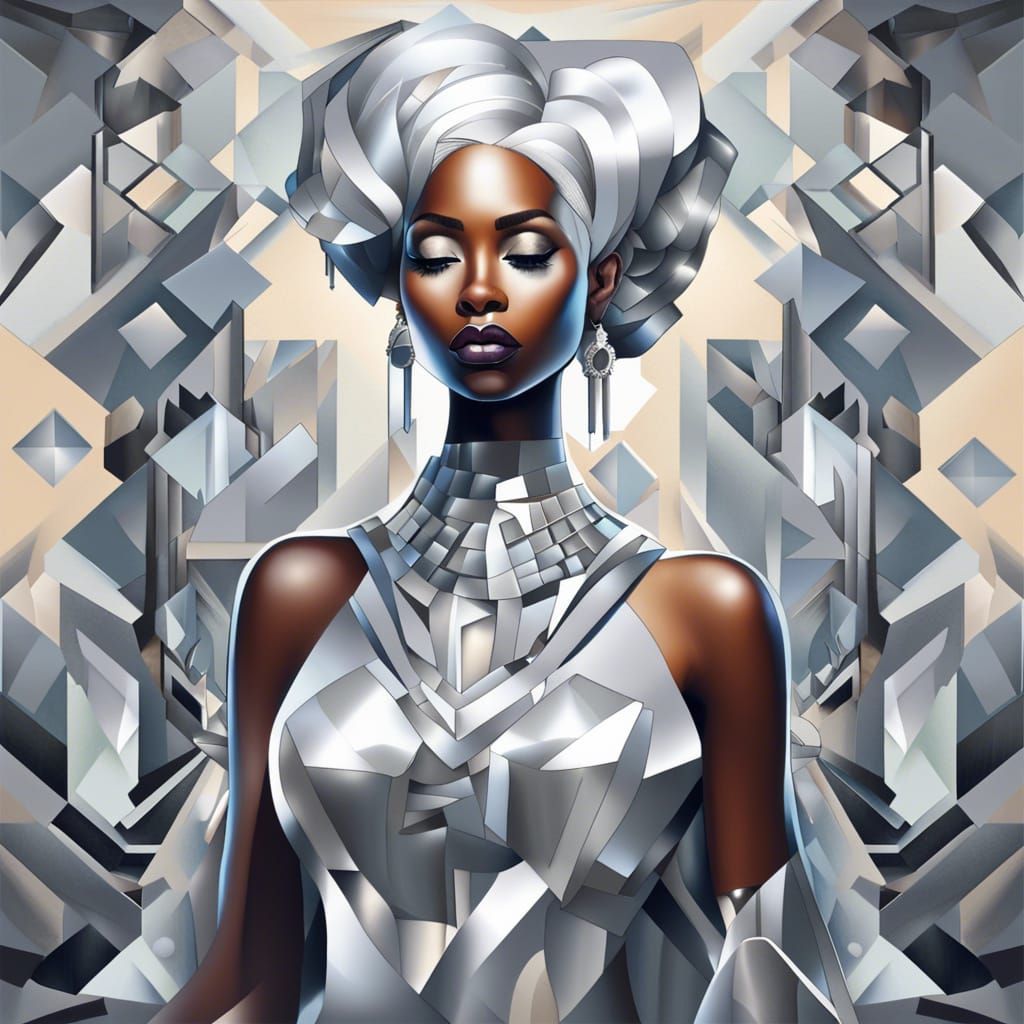 African Woman with Silver Hair in Cubist Android Gown