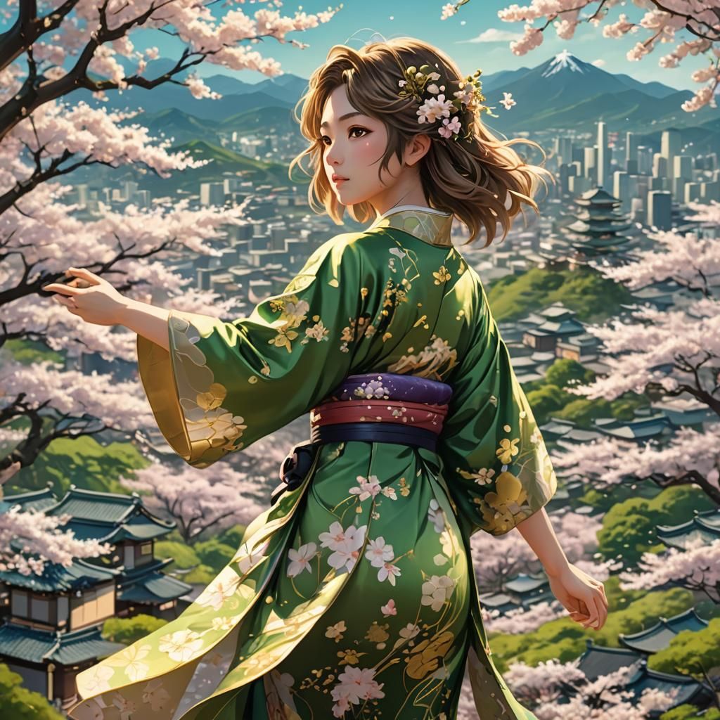 Anime Woman in Kimono with Cherry Blossoms