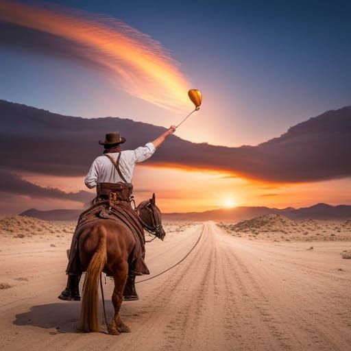 Wild West Cowboy and Post Wagon in Desert