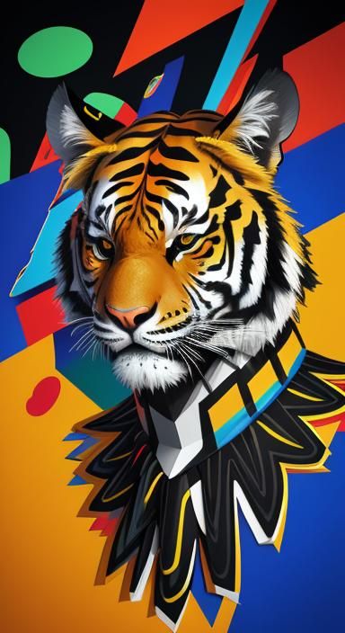 Cubist Tiger Collage in Maximalist Art Deco Style