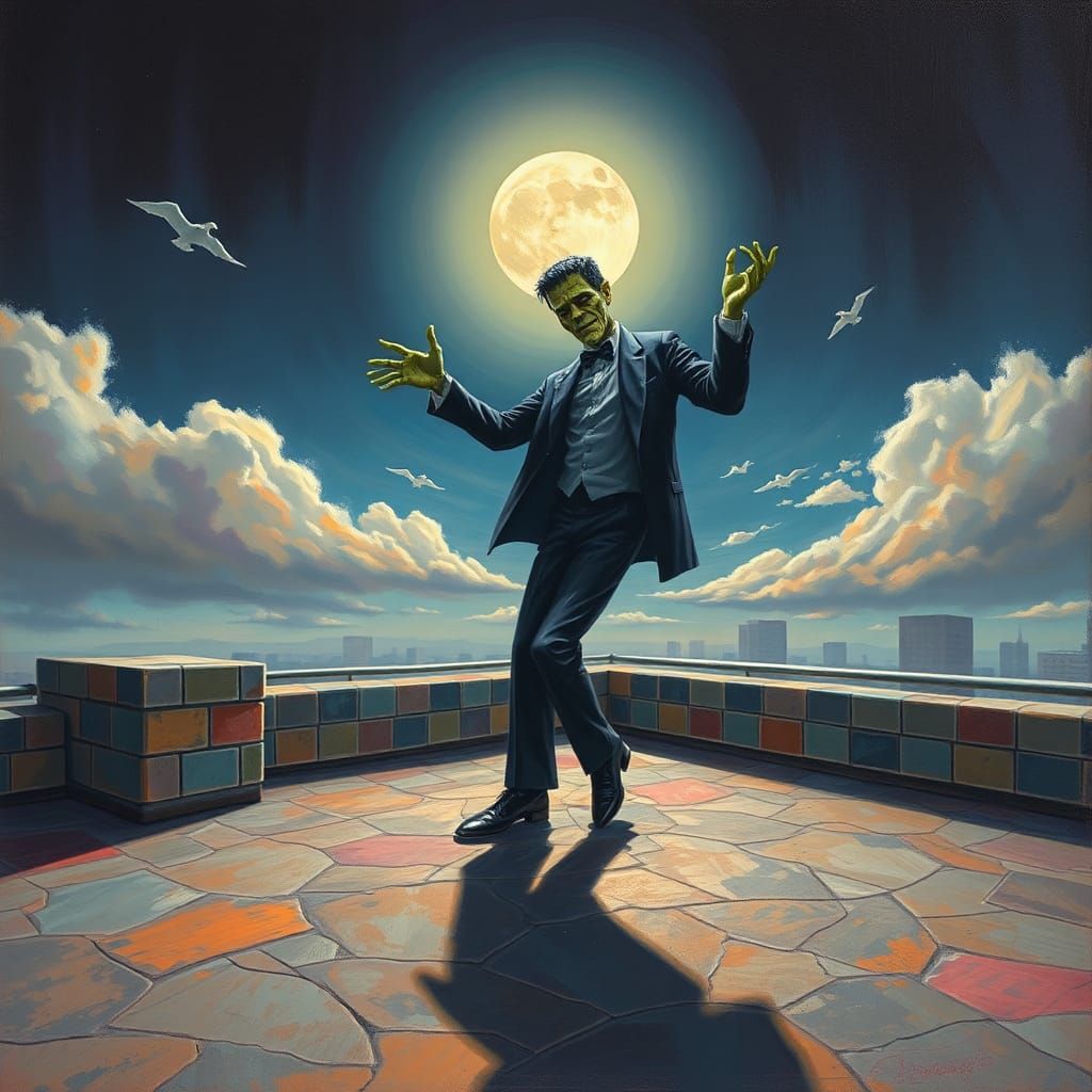 Frankenstein's Rooftop Dance in Surreal Style