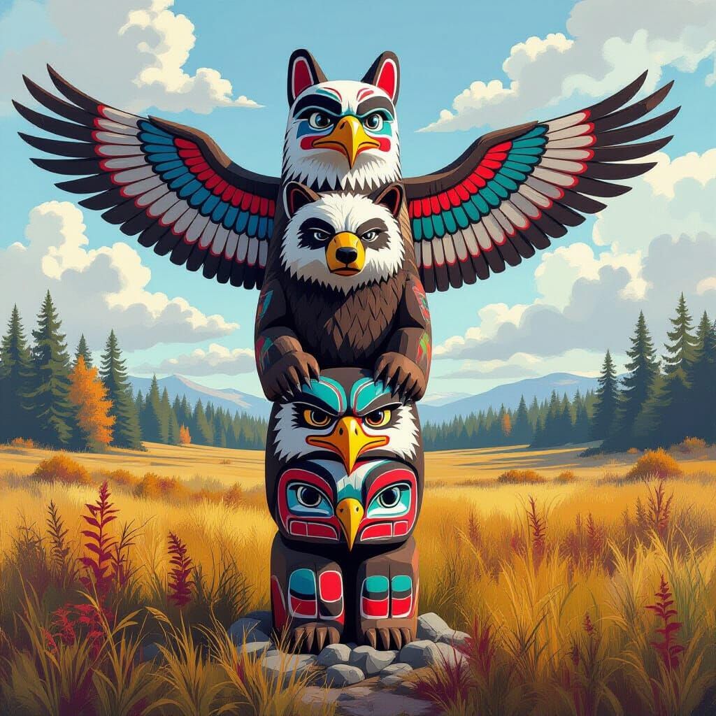 Vibrant Graffiti Totem Pole with First Nations Animals