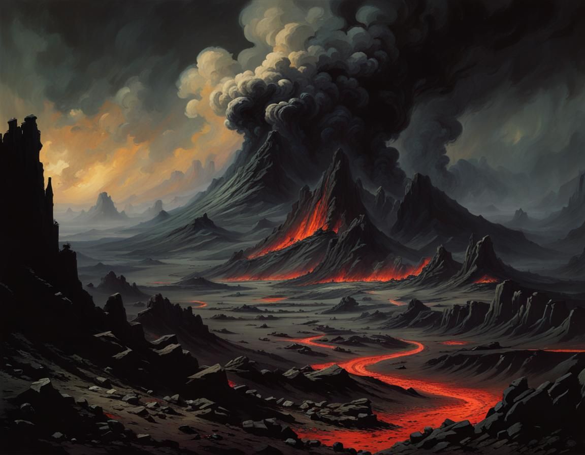 Grimdark Volcanic Wasteland in Dark Fantasy Style