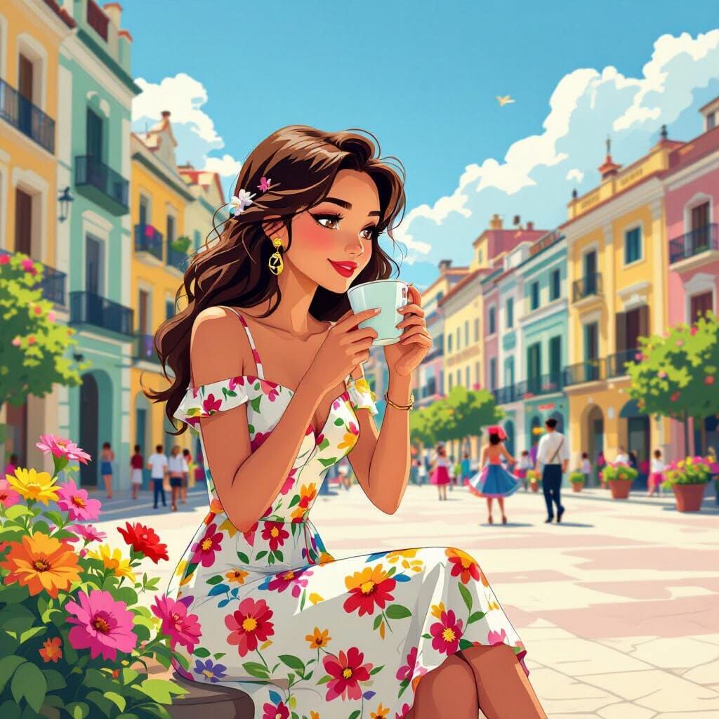Argentinian Woman Sipping Mate in Sunny Plaza, 2D Cartoon