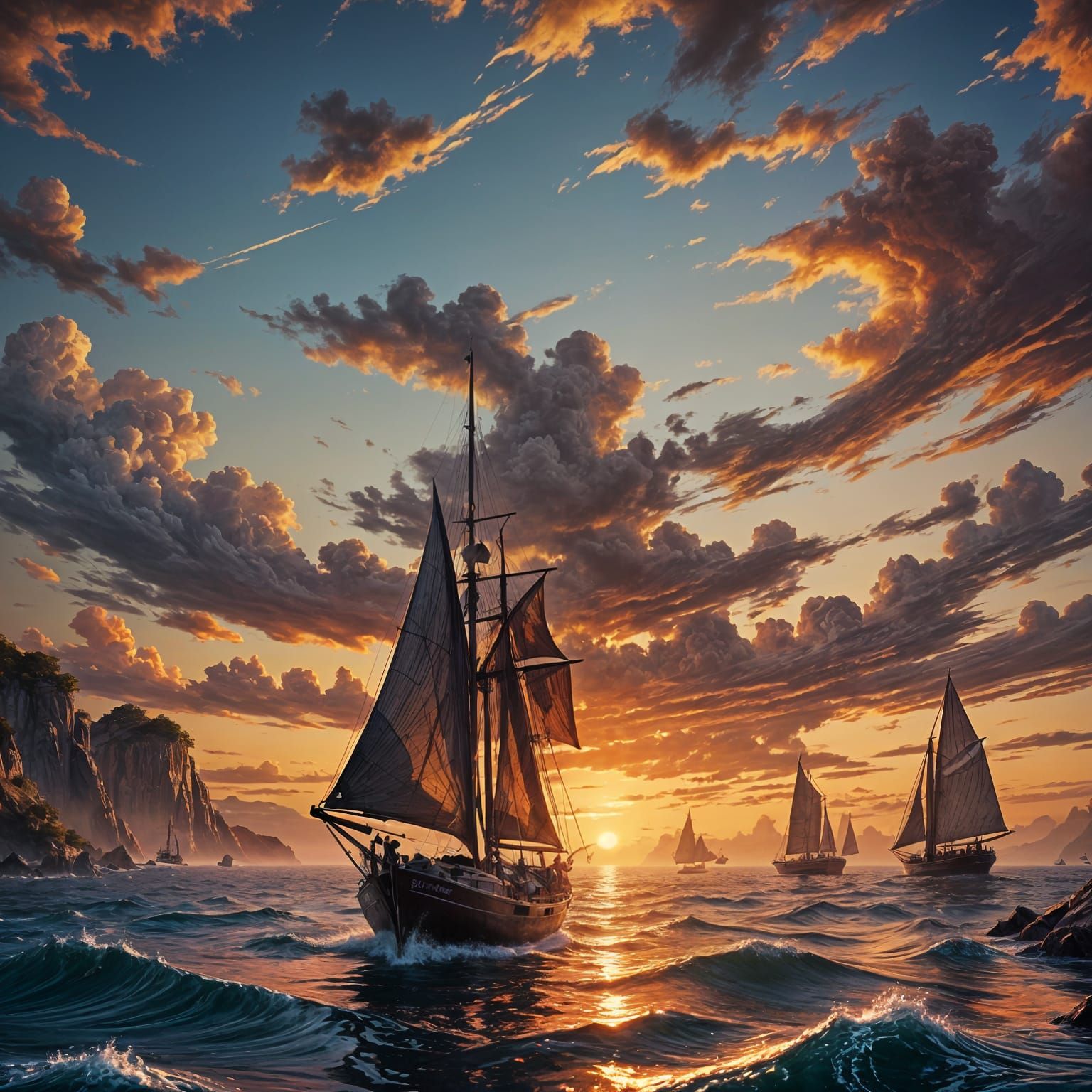 Sailboat at Sunset: Detailed Acrylic Matte Painting