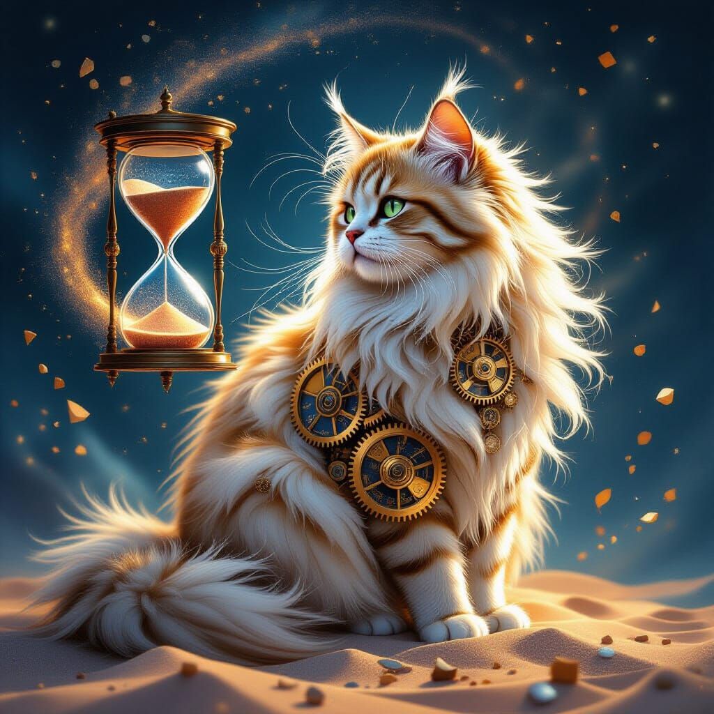 Majestic Clockwork Cat Amidst Cosmic Dust