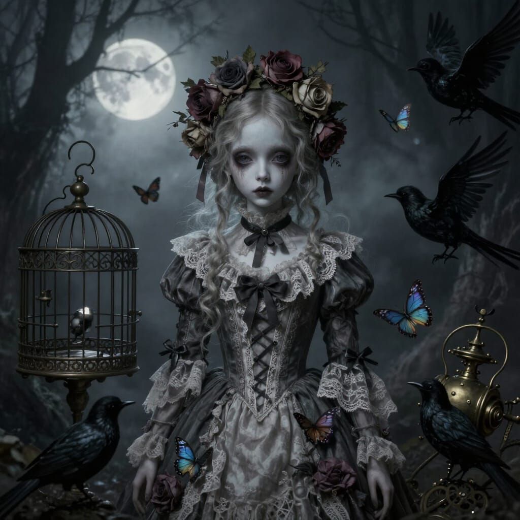 Gothic Doll Girl in Misty Forest with Moon