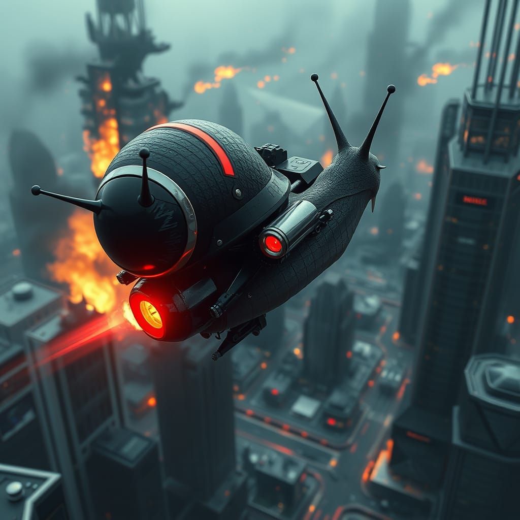 Snail Soaring Over Dystopian City in Black and White