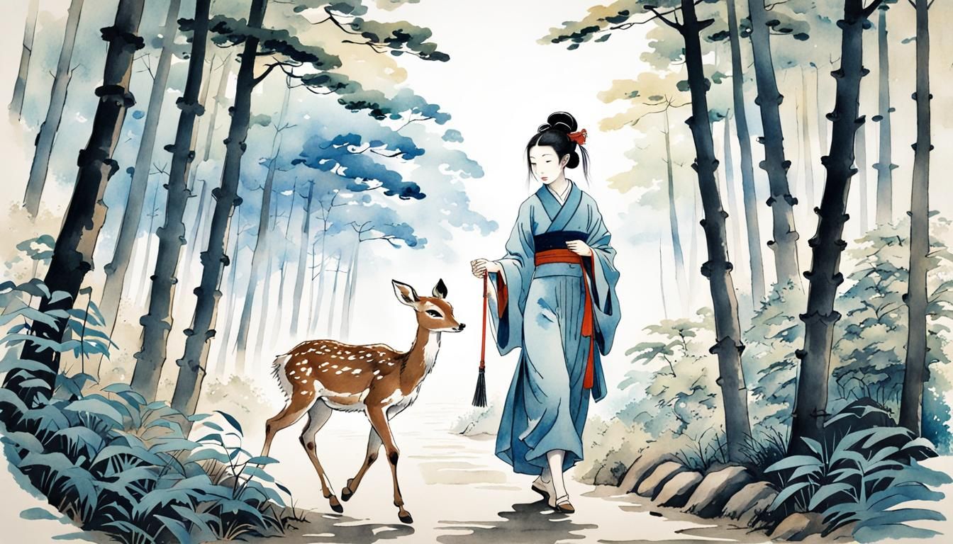 Village Girl and Fawn in Forest, Watercolor Art