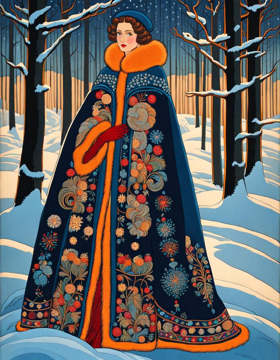 Radiant Woman in Embroidered Winter Coat