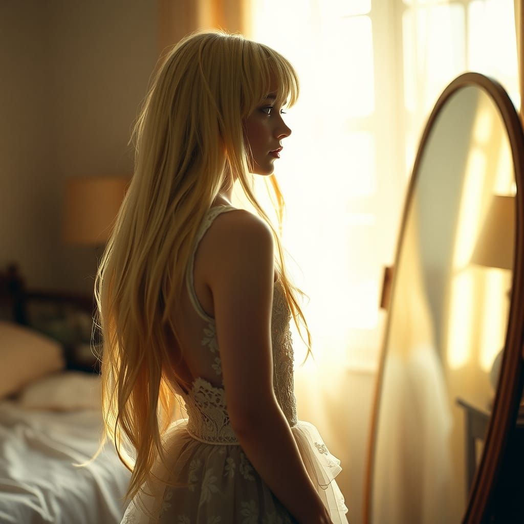 Contemplative Youth in Lace Petticoat Reflects in Mirror