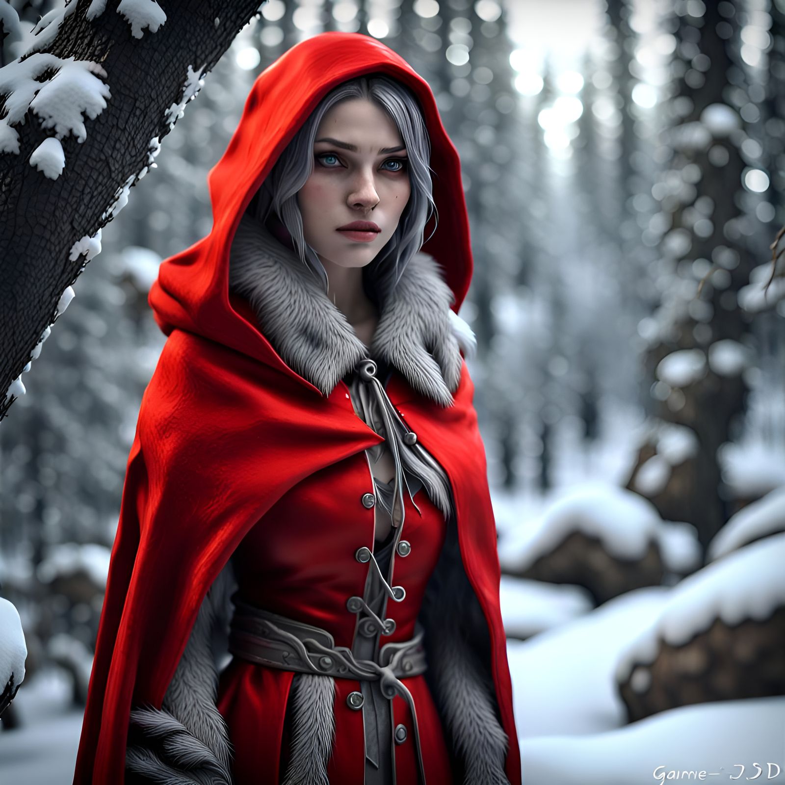 Red Riding Hood in Icy Monochrome, 3D Render