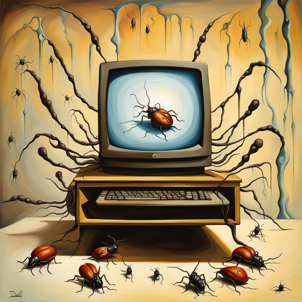 Surreal Computer Bugs: A Dali-esque Oil Painting