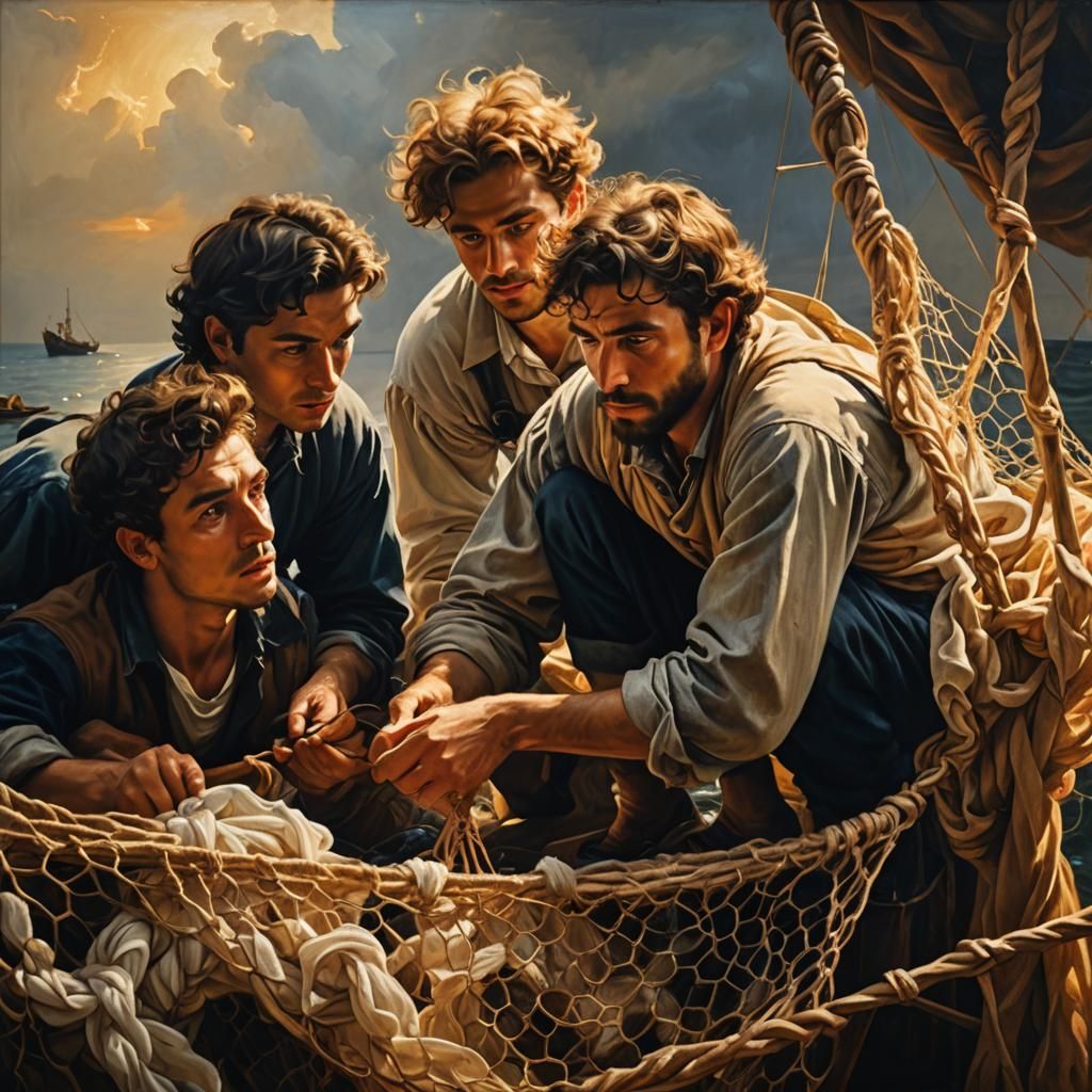 Baroque Painting of Fishermen in Golden Light