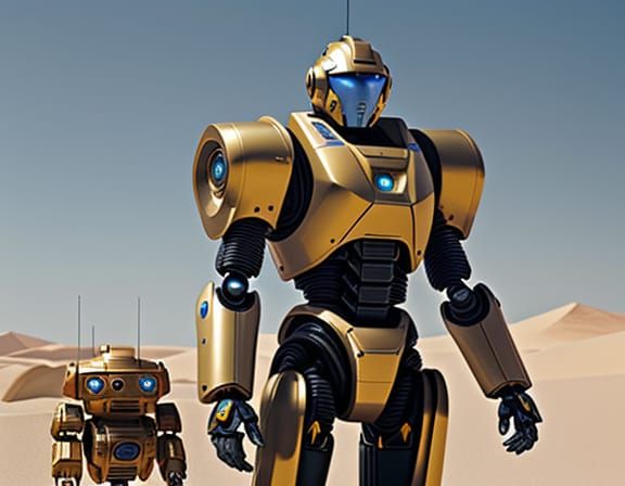 Golden Warrior Robot Stands Beside Robotic Vehicle in Desert...