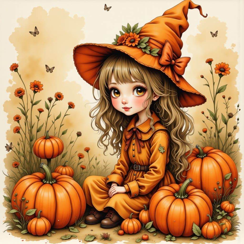 Girl wearing witch costume sitting in a orange pumpkin patch...