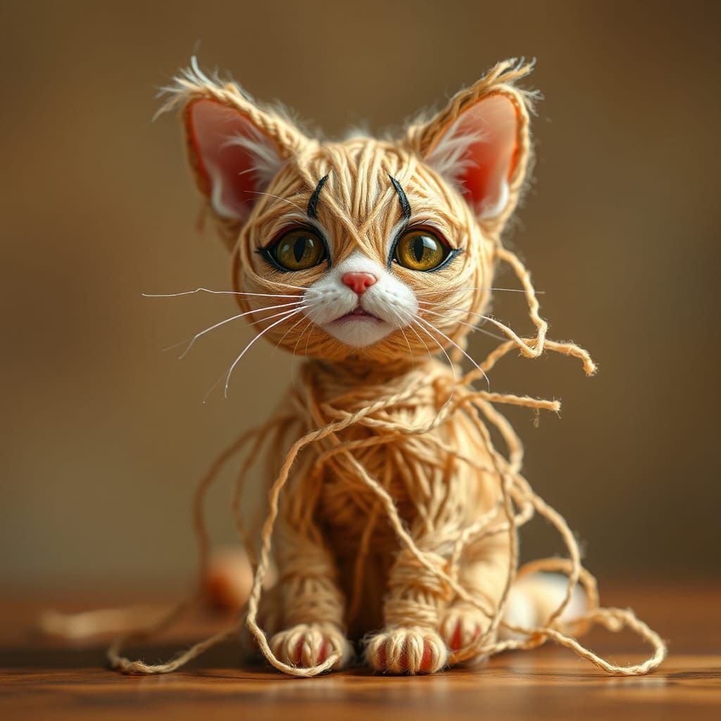 String Kitten in Surreal Digital Art Style