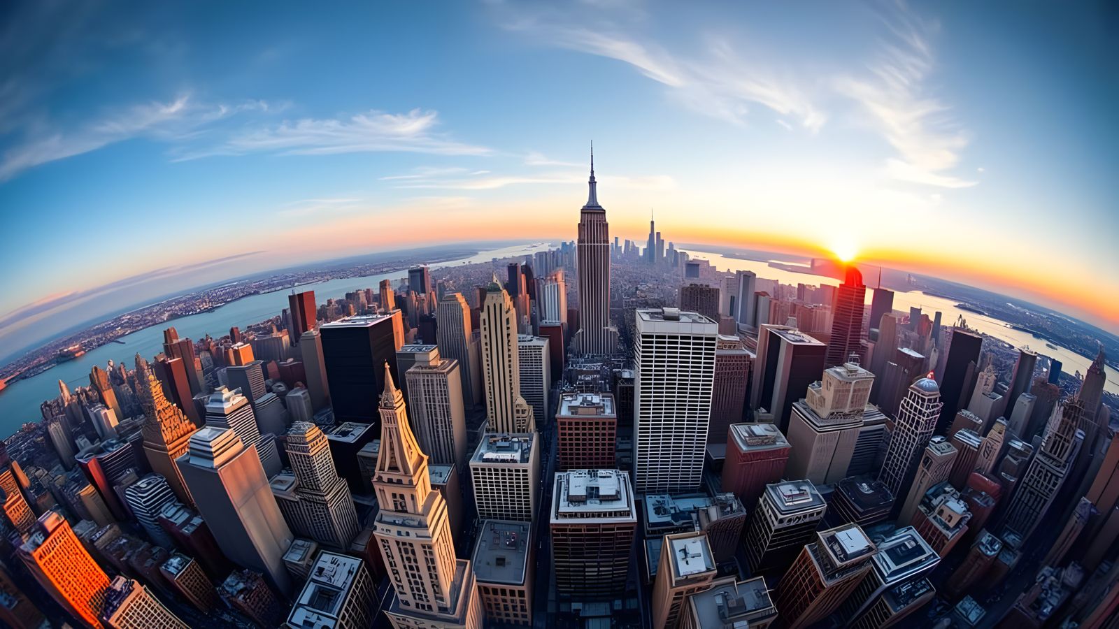 New York City Skyline in Fisheye Aerial View