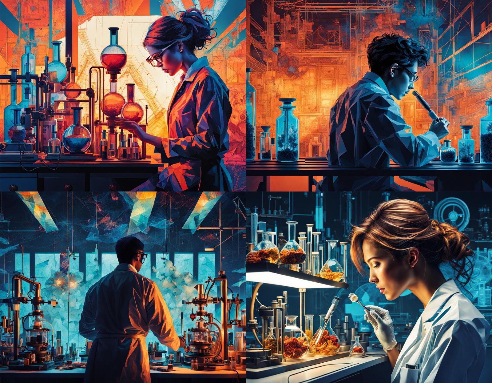 Double Exposure Scientist in Lab, Geometric Fauvism Style
