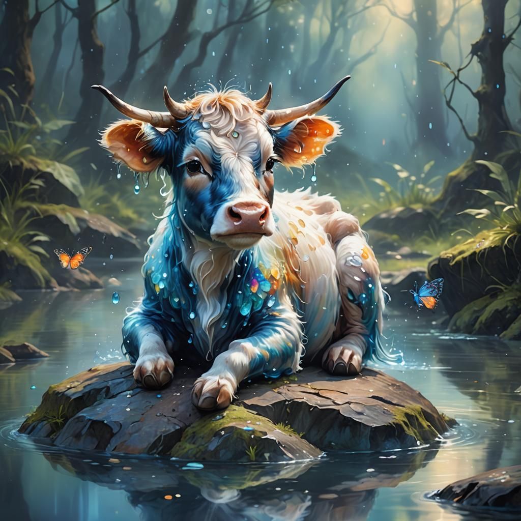 Miniature Water Cow in Misty Forest, Fantasy Art