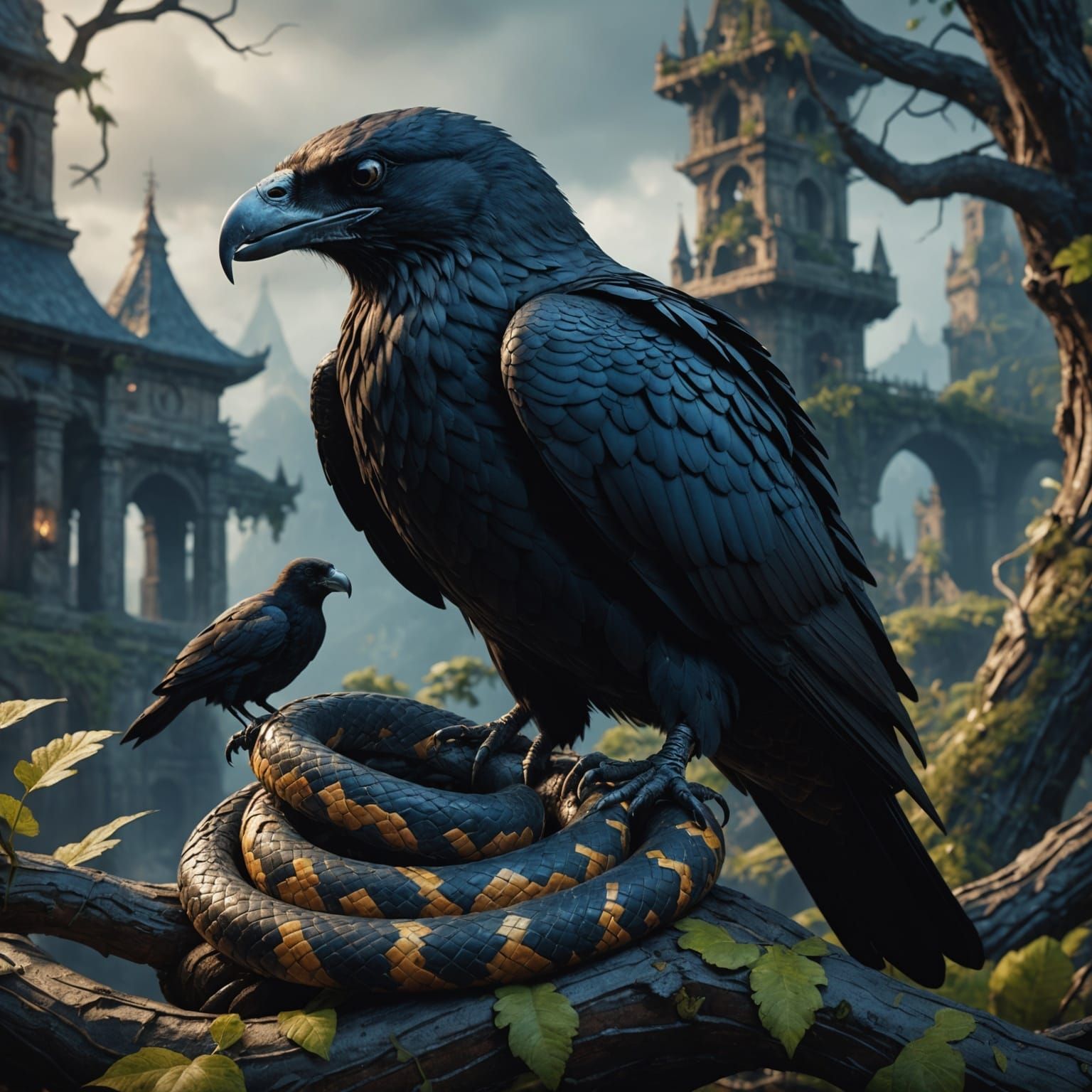 Snake and Raven in Detailed Matte Painting