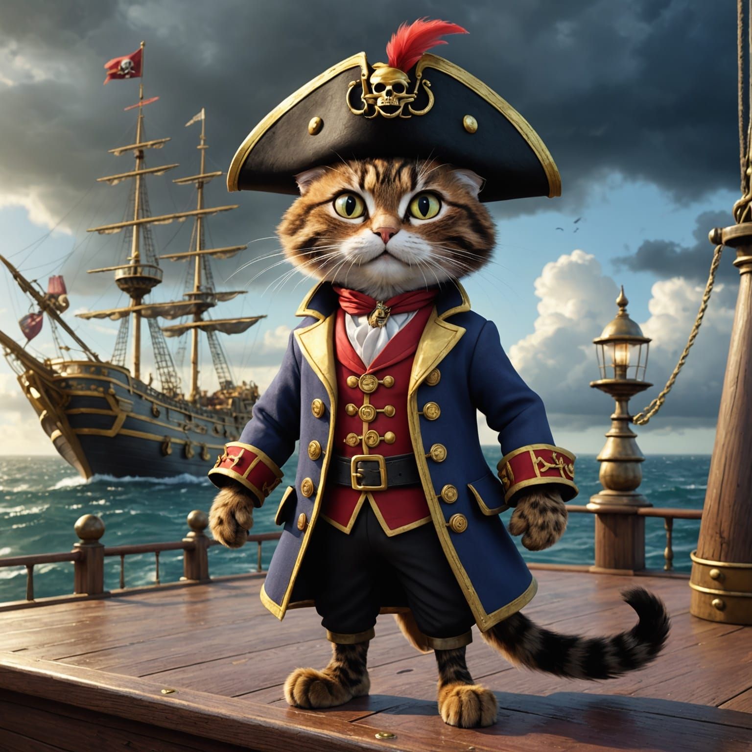 Cartoon Cat Pirate on Treasure Ship CGI Render