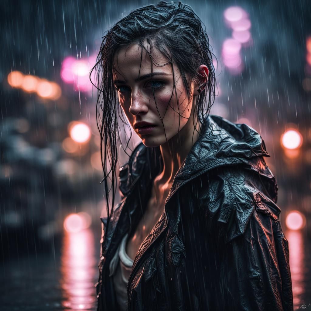 Cyberpunk Girl in Rain and Thunderstorm