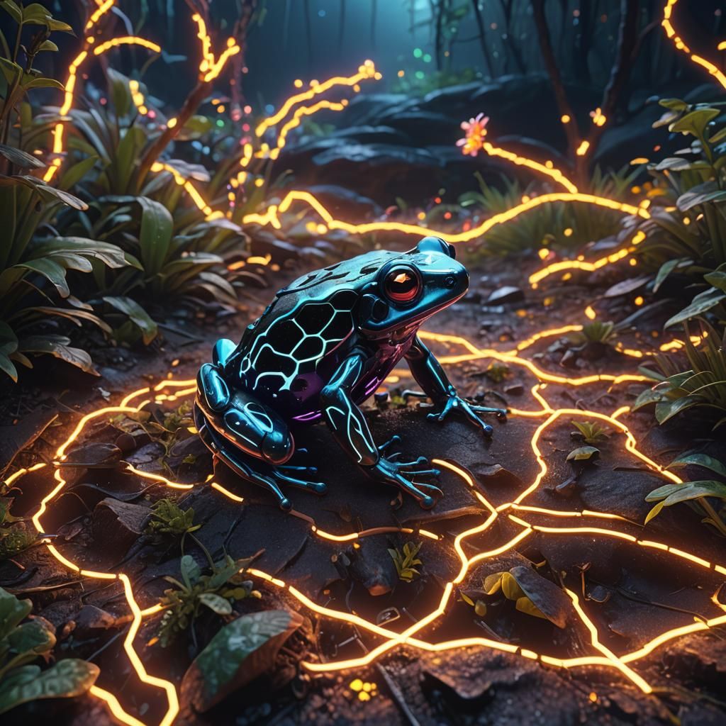 Luminescent Dart Frog in Neon Cyberpunk Style