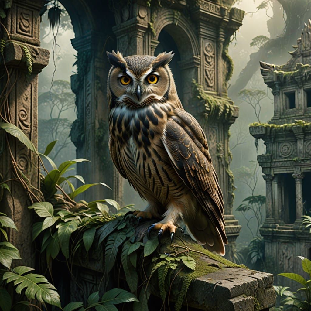 Owl on Ancient Ruin in Ethereal Jungle Light