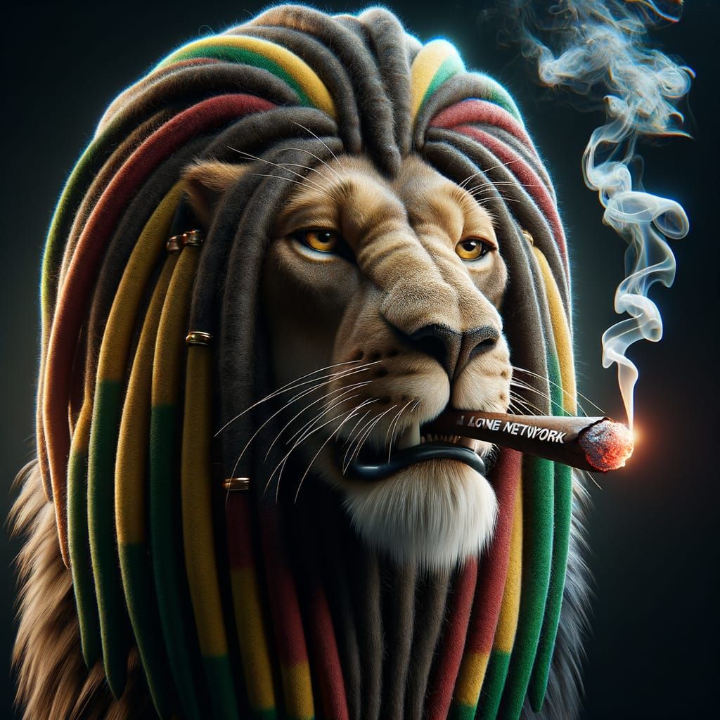 Reggae Lion in 3D CGI, Smoking Blunt and Rastafari Symbolism