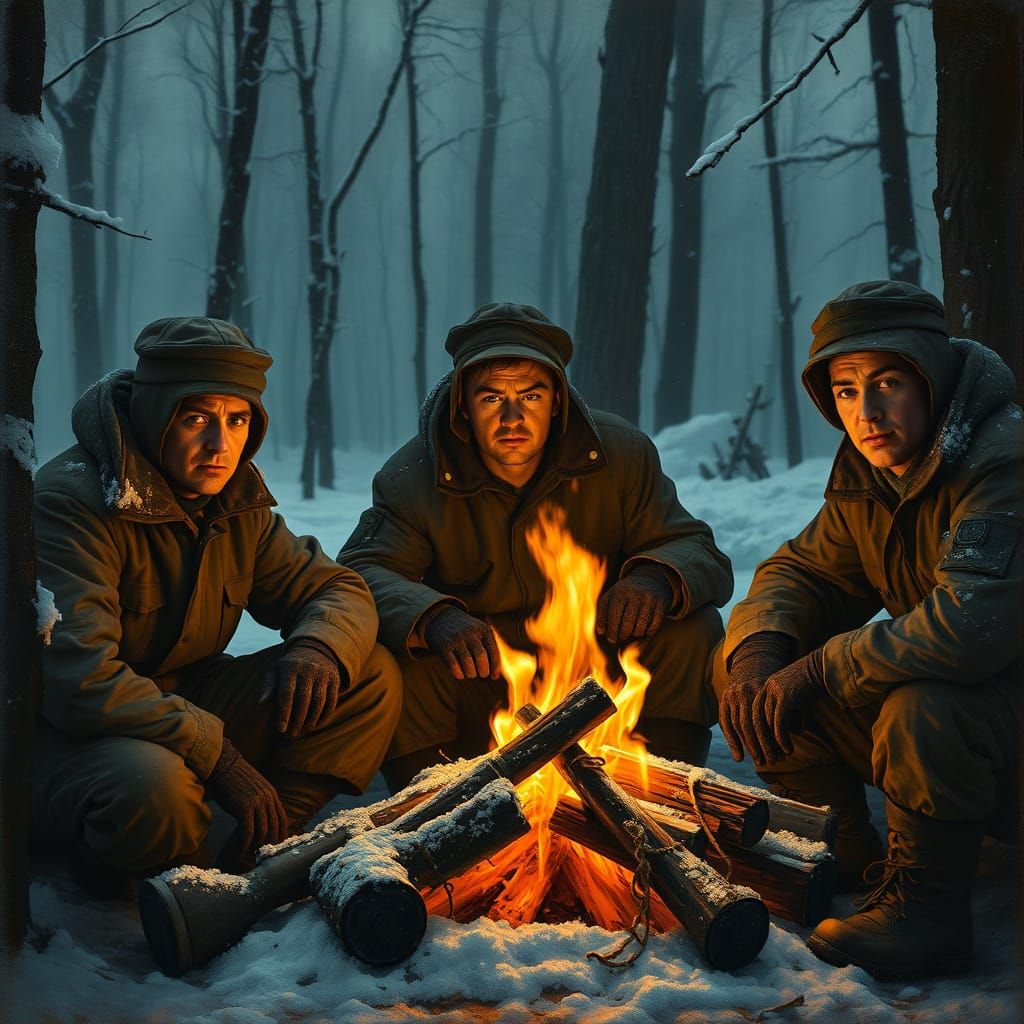 Soviet Soldiers in Winter Campfire Scene, Dark Oil Painting ...