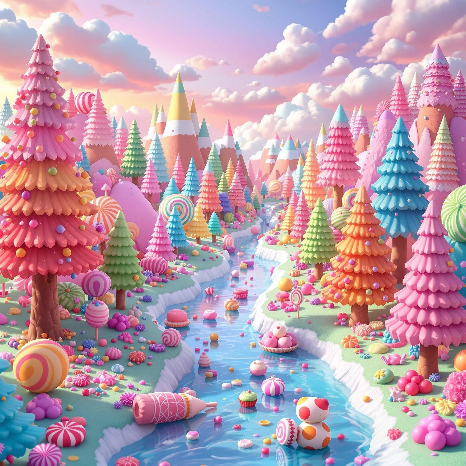 Candy Forest with Lollipop Trees and Cookie Mountains