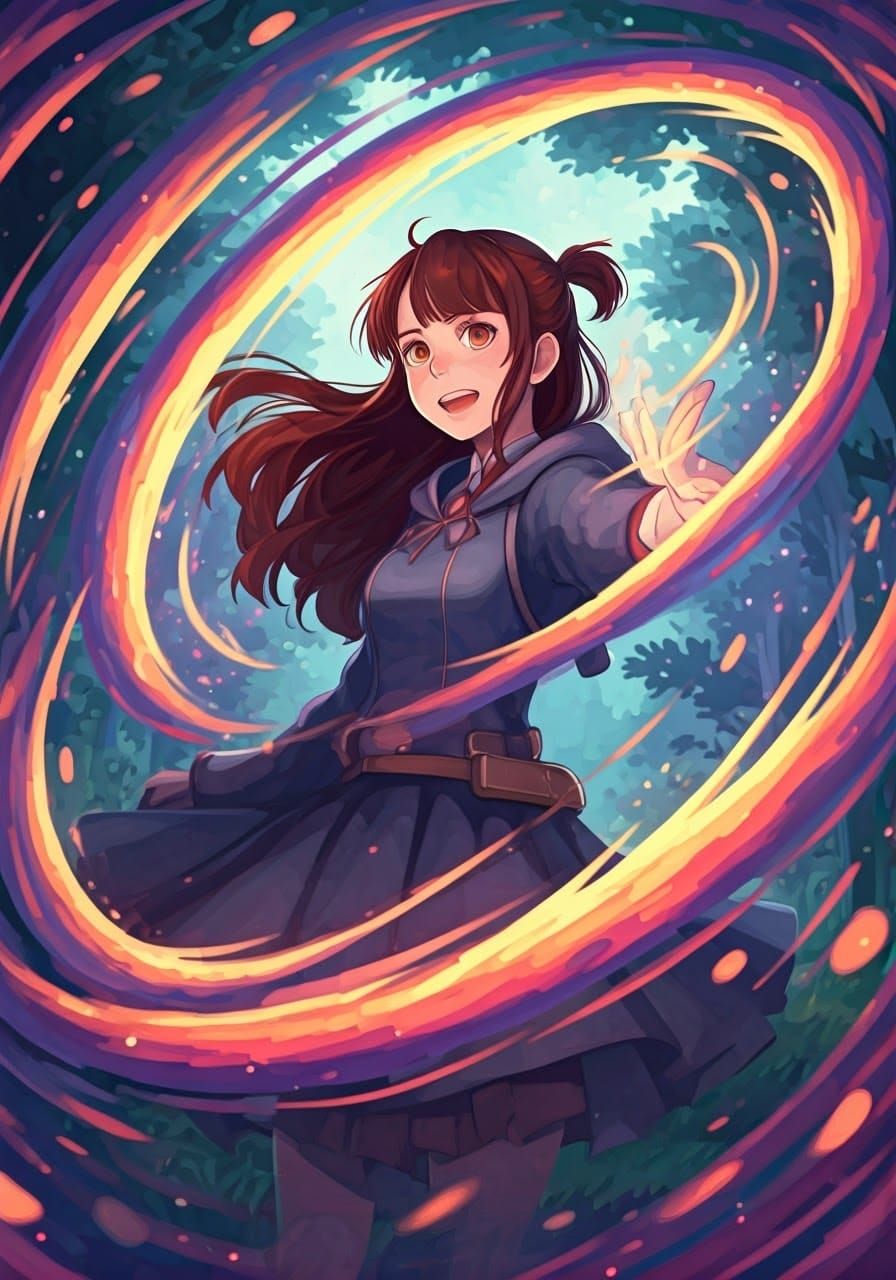Akko in Whimsical Magical Forest with Swirling Energies