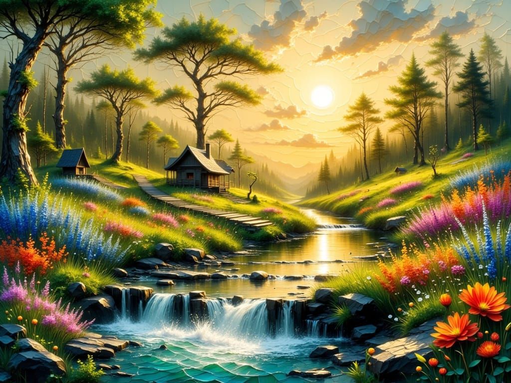 Spring Garden at Sunrise as Impasto Painting