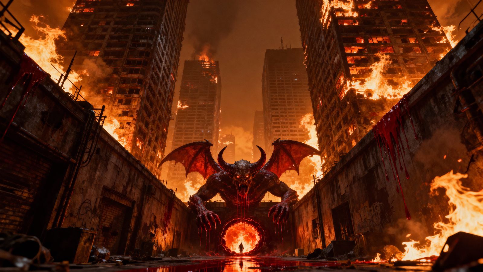 Demonic City Amidst Burning Skyscrapers