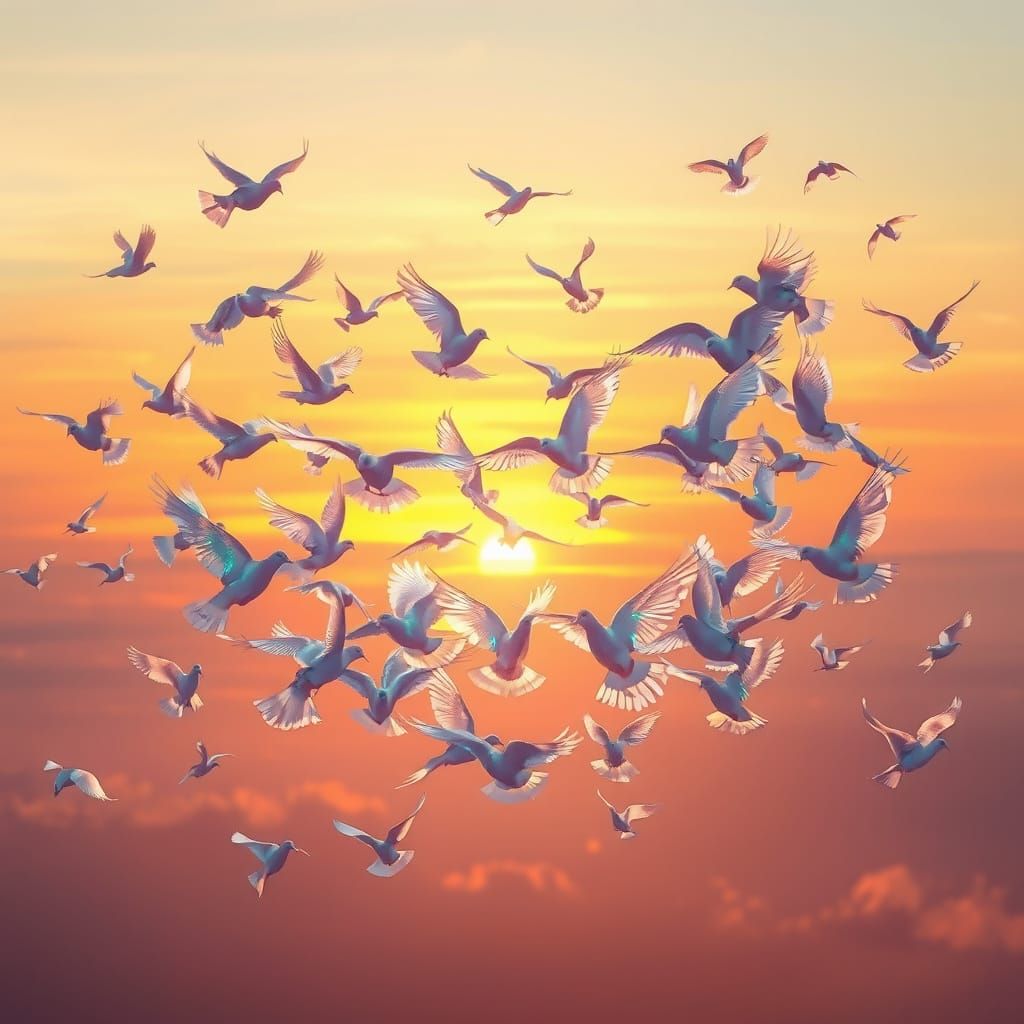 Majestic Iridescent Doves in Sunset Formation