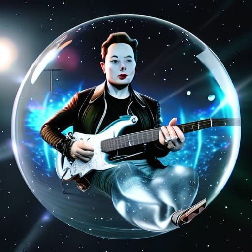 Elon Musk playing an Electric Guitar inside of a glass orb in space