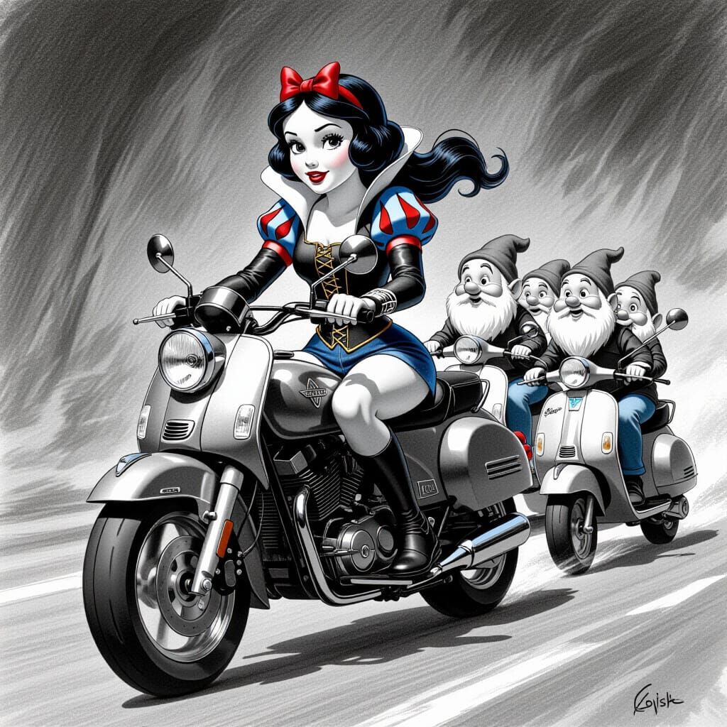 Snow White and Dwarfs on Vespas, Charcoal Drawing