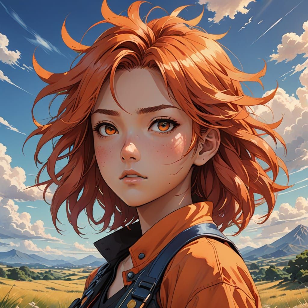 Vibrant Anime Girl in a Windy Landscape, Inspired by Japanes...