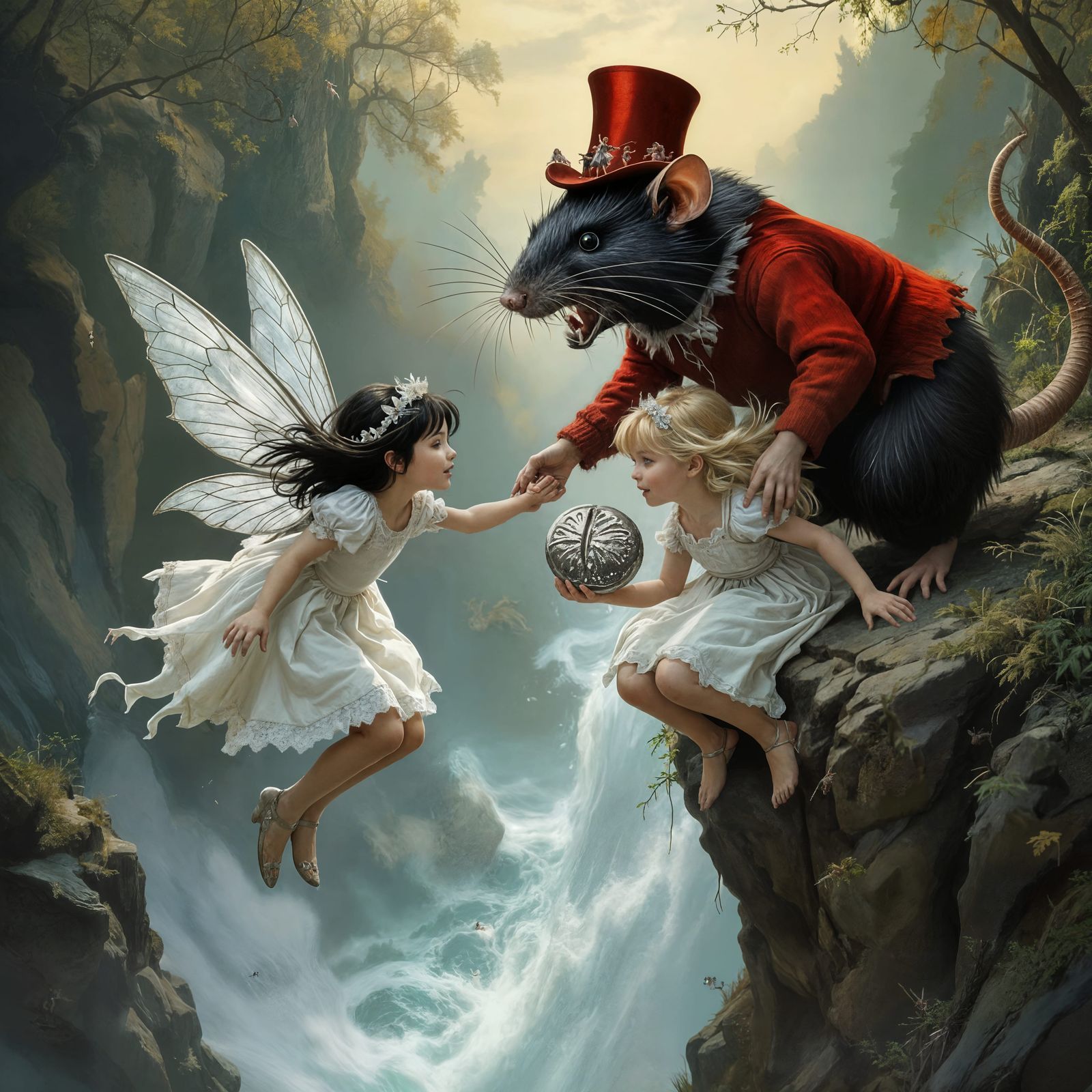 Fairy Girls Falling With Giant Rat