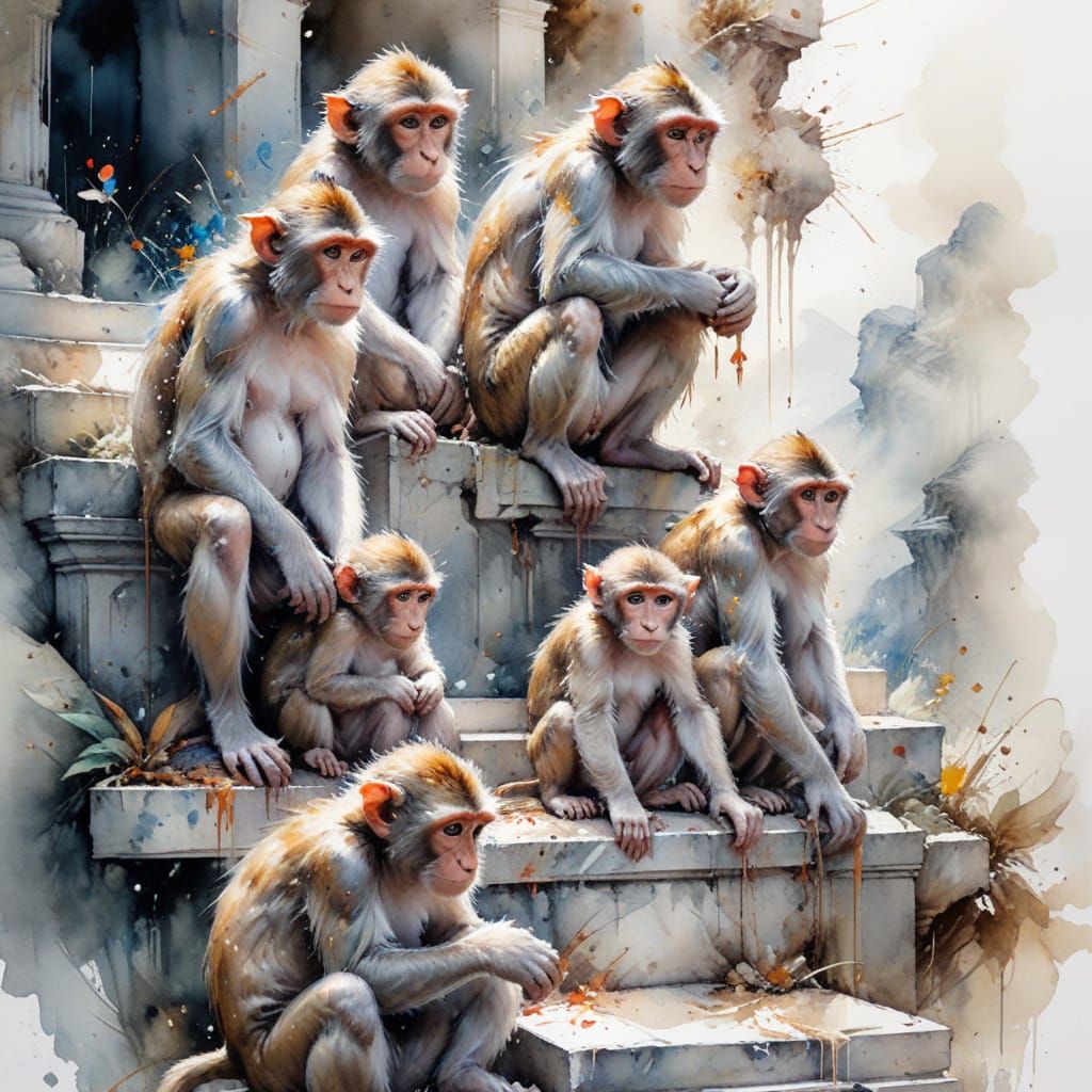 Whimsical Monkeys Amidst Sacred Steps in Watercolor Style