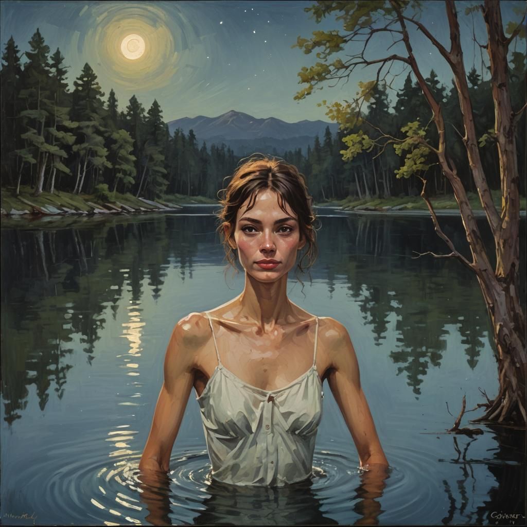 Woman Skinny Dipping in Lake at Moonlight