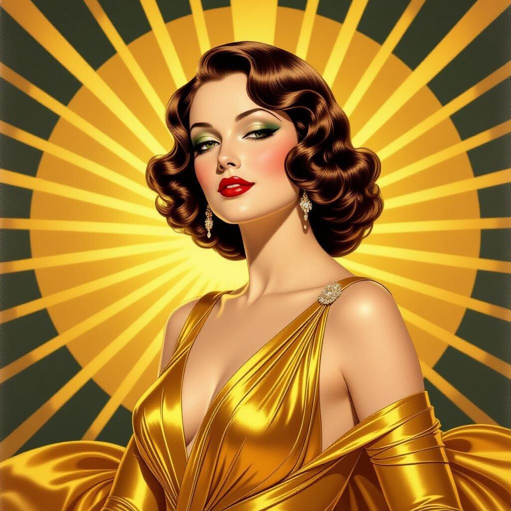 Art Deco Siren in Golden Silk Gown