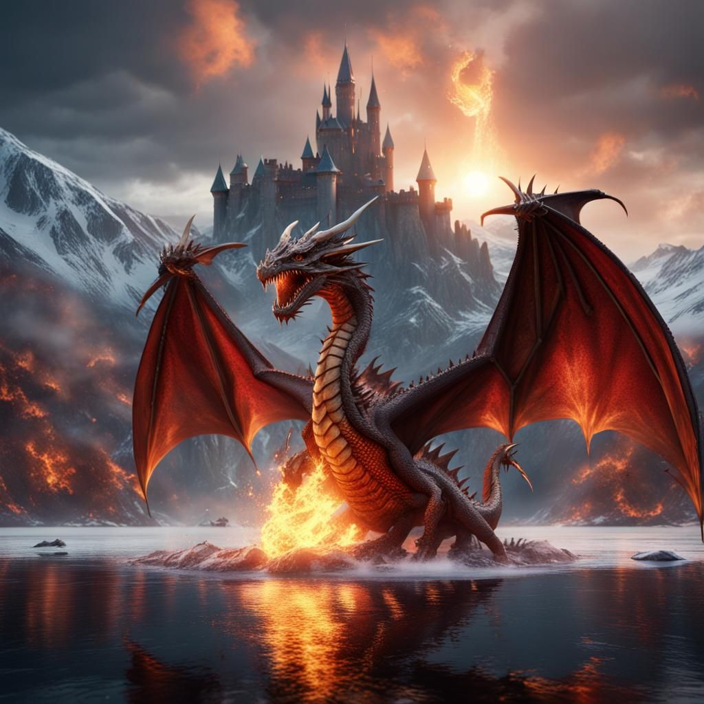 Dragon Spitting Fire in Crystalline Lake
