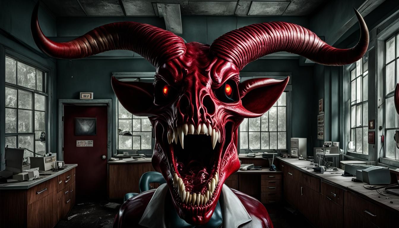 Demon Dentist in Abandoned Office: High-Resolution Art